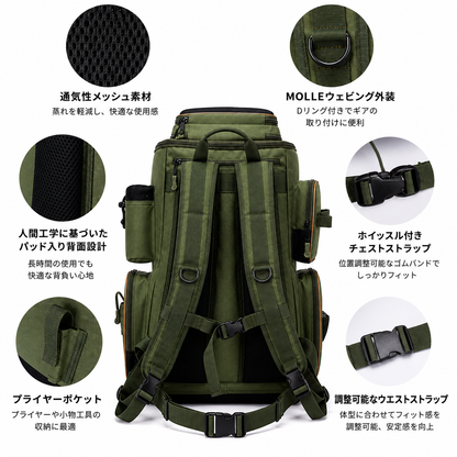 Visio™ フィッシングバックパック｜大容量・防水・収納力抜群